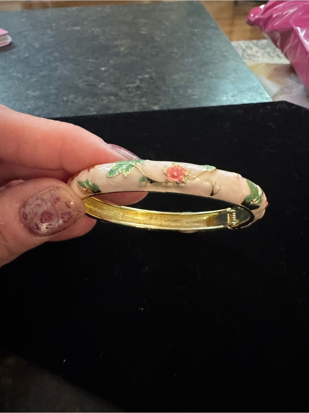 Source Unknown Pink Floral Enamel Hinged Bracelet with Gold Tone Interior